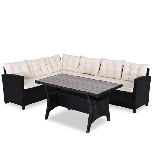 Set de lounge din poliratan negru/crem, blat de masă WPC