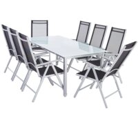 Set de masa cu scaune de grădină Bern, 9 piese, pentru 8 persoane, argintiu, aluminiu, sticlă mată