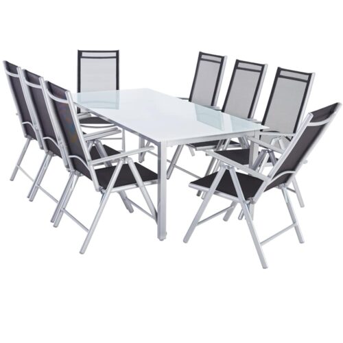Set de masa cu scaune de grădină Bern, 9 piese, pentru 8 persoane, argintiu, aluminiu, sticlă mată