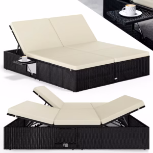 Șezlong dublu tip lounge din poliratan negru/crem 200x160x33cm