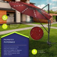 Umbrela de soare cu LED pentru terasa/gradina, din aluminiu premium, 330 cm, husa protectie, Tillvex®, reglabila in 6 directii, cu manivela, rotativa 360°, inclinabila, rezistenta UV50+, rosu