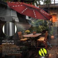 Umbrela de soare cu LED pentru terasa/gradina, din aluminiu premium, 330 cm, husa protectie, Tillvex®, reglabila in 6 directii, cu manivela, rotativa 360°, inclinabila, rezistenta UV50+, rosu
