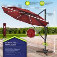 Umbrela de soare cu LED pentru terasa/gradina, din aluminiu premium, 330 cm, husa protectie, Tillvex®, reglabila in 6 directii, cu manivela, rotativa 360°, inclinabila, rezistenta UV50+, rosu
