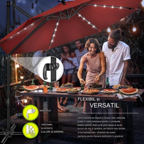 Umbrela de soare cu LED pentru terasa/gradina, din aluminiu premium, 330 cm, husa protectie, Tillvex®, reglabila in 6 directii, cu manivela, rotativa 360°, inclinabila, rezistenta UV50+, rosu