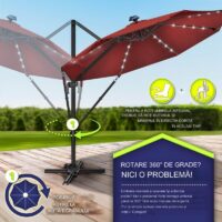 Umbrela de soare cu LED pentru terasa/gradina, din aluminiu premium, 330 cm, husa protectie, Tillvex®, reglabila in 6 directii, cu manivela, rotativa 360°, inclinabila, rezistenta UV50+, rosu