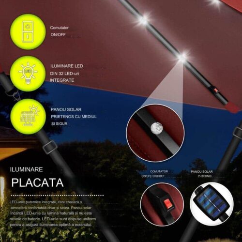 Umbrela de soare cu LED pentru terasa/gradina, din aluminiu premium, 330 cm, husa protectie, Tillvex®, reglabila in 6 directii, cu manivela, rotativa 360°, inclinabila, rezistenta UV50+, rosu