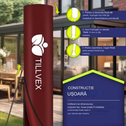 Umbrela de soare cu LED pentru terasa/gradina, din aluminiu premium, 330 cm, husa protectie, Tillvex®, reglabila in 6 directii, cu manivela, rotativa 360°, inclinabila, rezistenta UV50+, rosu