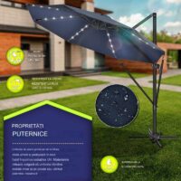 Umbrela de soare cu LED pentru terasa/gradina, din aluminiu premium, 330 cm, husa protectie, Tillvex®, reglabila in 6 directii, cu manivela, rotativa 360°, inclinabila, rezistenta UV50+, bleumarin