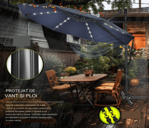 Umbrela de soare cu LED pentru terasa/gradina, din aluminiu premium, 330 cm, husa protectie, Tillvex®, reglabila in 6 directii, cu manivela, rotativa 360°, inclinabila, rezistenta UV50+, bleumarin