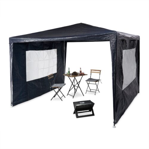 Cort Pavilion cu 2 pereți laterali, metal, 3 m x 3 m, albastru, Relaxdays