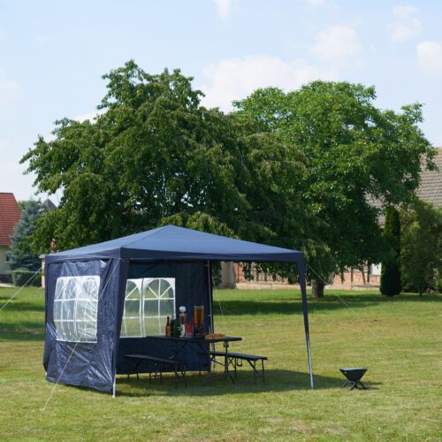 Cort Pavilion cu 2 pereți laterali, metal, 3 m x 3 m, albastru, Relaxdays