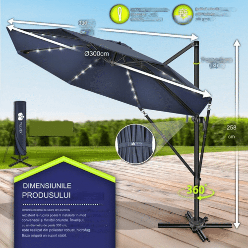 Umbrela de soare cu LED pentru terasa/gradina, din aluminiu premium, 330 cm, husa protectie, Tillvex®, reglabila in 6 directii, cu manivela, rotativa 360°, inclinabila, rezistenta UV50+, bleumarin