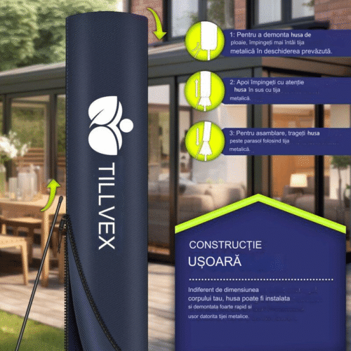 Umbrela de soare cu LED pentru terasa/gradina, din aluminiu premium, 330 cm, husa protectie, Tillvex®, reglabila in 6 directii, cu manivela, rotativa 360°, inclinabila, rezistenta UV50+, bleumarin