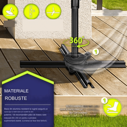 Umbrela de soare cu LED pentru terasa/gradina, din aluminiu premium, 330 cm, husa protectie, Tillvex®, reglabila in 6 directii, cu manivela, rotativa 360°, inclinabila, rezistenta UV50+, bleumarin