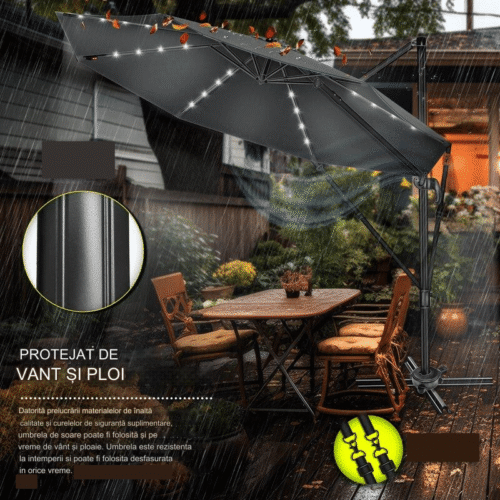 Umbrela de soare cu LED pentru terasa/gradina, din aluminiu premium, 330 cm, husa protectie, Tillvex®, reglabila in 6 directii, cu manivela, rotativa 360°, inclinabila, rezistenta UV50+, antracit