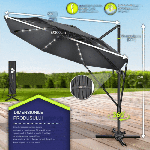Umbrela de soare cu LED pentru terasa/gradina, din aluminiu premium, 330 cm, husa protectie, Tillvex®, reglabila in 6 directii, cu manivela, rotativa 360°, inclinabila, rezistenta UV50+, antracit