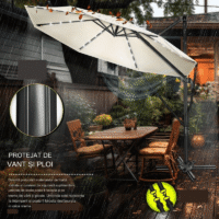 Umbrela de soare cu LED pentru terasa/gradina, din aluminiu premium, 330 cm, husa protectie, Tillvex®, reglabila in 6 directii, cu manivela, rotativa 360°, inclinabila, rezistenta UV50+, crem