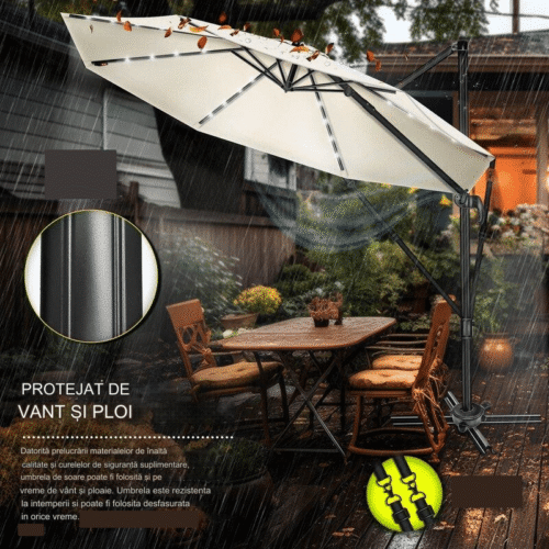 Umbrela de soare cu LED pentru terasa/gradina, din aluminiu premium, 330 cm, husa protectie, Tillvex®, reglabila in 6 directii, cu manivela, rotativa 360°, inclinabila, rezistenta UV50+, crem