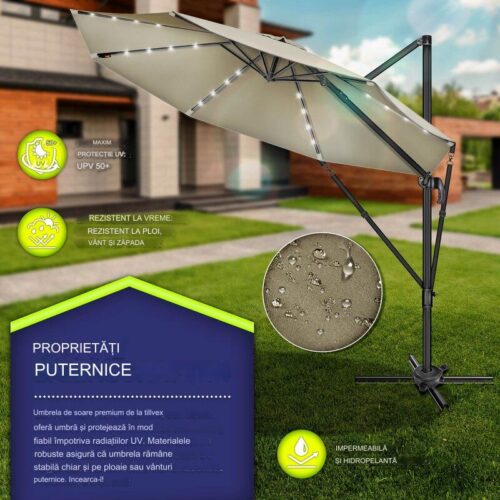Umbrela de soare cu LED pentru terasa/gradina, din aluminiu premium, 330 cm, husa protectie, Tillvex®, reglabila in 6 directii, cu manivela, rotativa 360°, inclinabila, rezistenta UV50+, crem inchis