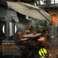 Umbrela de soare cu LED pentru terasa/gradina, din aluminiu premium, 330 cm, husa protectie, Tillvex®, reglabila in 6 directii, cu manivela, rotativa 360°, inclinabila, rezistenta UV50+, crem inchis