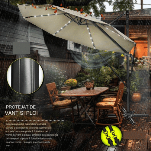 Umbrela de soare cu LED pentru terasa/gradina, din aluminiu premium, 330 cm, husa protectie, Tillvex®, reglabila in 6 directii, cu manivela, rotativa 360°, inclinabila, rezistenta UV50+, crem inchis