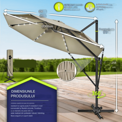 Umbrela de soare cu LED pentru terasa/gradina, din aluminiu premium, 330 cm, husa protectie, Tillvex®, reglabila in 6 directii, cu manivela, rotativa 360°, inclinabila, rezistenta UV50+, crem inchis