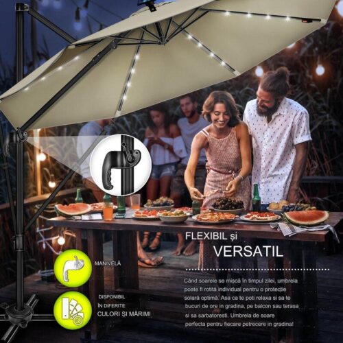 Umbrela de soare cu LED pentru terasa/gradina, din aluminiu premium, 330 cm, husa protectie, Tillvex®, reglabila in 6 directii, cu manivela, rotativa 360°, inclinabila, rezistenta UV50+, crem inchis