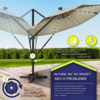 Umbrela de soare cu LED pentru terasa/gradina, din aluminiu premium, 330 cm, husa protectie, Tillvex®, reglabila in 6 directii, cu manivela, rotativa 360°, inclinabila, rezistenta UV50+, crem inchis