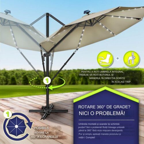 Umbrela de soare cu LED pentru terasa/gradina, din aluminiu premium, 330 cm, husa protectie, Tillvex®, reglabila in 6 directii, cu manivela, rotativa 360°, inclinabila, rezistenta UV50+, crem inchis