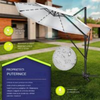 Umbrela de soare cu LED pentru terasa/gradina, din aluminiu premium, 330 cm, husa protectie, Tillvex®, reglabila in 6 directii, cu manivela, rotativa 360°, inclinabila, rezistenta UV50+, gri