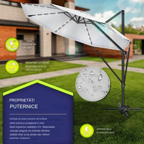 Umbrela de soare cu LED pentru terasa/gradina, din aluminiu premium, 330 cm, husa protectie, Tillvex®, reglabila in 6 directii, cu manivela, rotativa 360°, inclinabila, rezistenta UV50+, gri