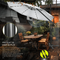 Umbrela de soare cu LED pentru terasa/gradina, din aluminiu premium, 330 cm, husa protectie, Tillvex®, reglabila in 6 directii, cu manivela, rotativa 360°, inclinabila, rezistenta UV50+, gri