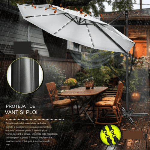Umbrela de soare cu LED pentru terasa/gradina, din aluminiu premium, 330 cm, husa protectie, Tillvex®, reglabila in 6 directii, cu manivela, rotativa 360°, inclinabila, rezistenta UV50+, gri