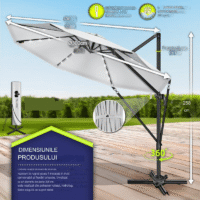 Umbrela de soare cu LED pentru terasa/gradina, din aluminiu premium, 330 cm, husa protectie, Tillvex®, reglabila in 6 directii, cu manivela, rotativa 360°, inclinabila, rezistenta UV50+, gri