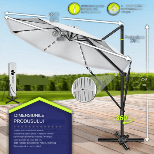 Umbrela de soare cu LED pentru terasa/gradina, din aluminiu premium, 330 cm, husa protectie, Tillvex®, reglabila in 6 directii, cu manivela, rotativa 360°, inclinabila, rezistenta UV50+, gri