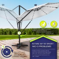 Umbrela de soare cu LED pentru terasa/gradina, din aluminiu premium, 330 cm, husa protectie, Tillvex®, reglabila in 6 directii, cu manivela, rotativa 360°, inclinabila, rezistenta UV50+, gri