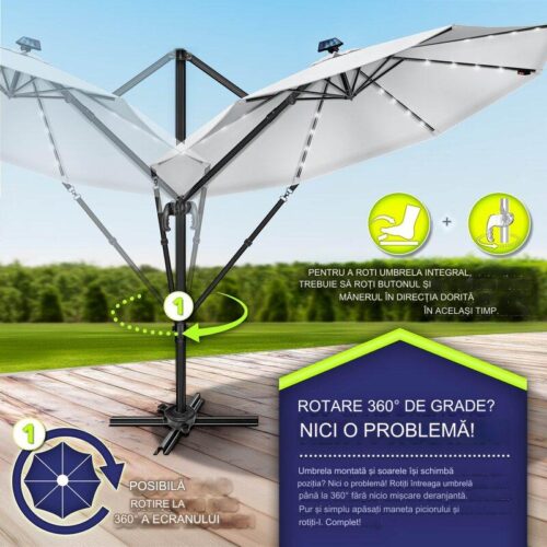 Umbrela de soare cu LED pentru terasa/gradina, din aluminiu premium, 330 cm, husa protectie, Tillvex®, reglabila in 6 directii, cu manivela, rotativa 360°, inclinabila, rezistenta UV50+, gri