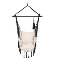 Scaun suspendat tip leagan/balansoar, interior/exterior, capacitate 150 kg, pliabil, suport bautura, buzunar interior, rotativ 360°, crem