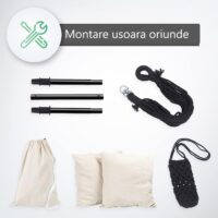 Scaun suspendat tip leagan/balansoar, interior/exterior, capacitate 150 kg, pliabil, suport bautura, buzunar interior, rotativ 360°, crem