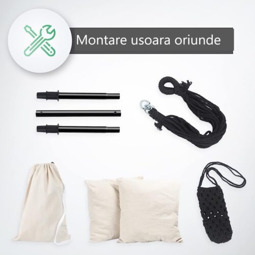 Scaun suspendat tip leagan/balansoar, interior/exterior, capacitate 150 kg, pliabil, suport bautura, buzunar interior, rotativ 360°, crem
