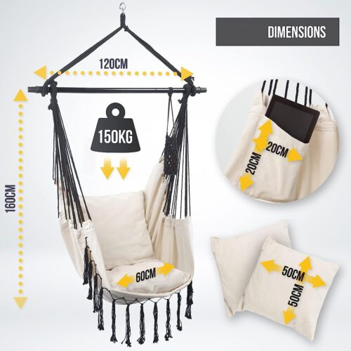 Scaun suspendat tip leagan/balansoar, interior/exterior, capacitate 150 kg, pliabil, suport bautura, buzunar interior, rotativ 360°, crem