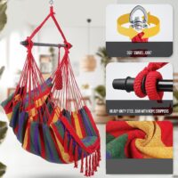 Scaun suspendat tip leagan/balansoar, interior/exterior, capacitate 150 kg, pliabil, suport bautura, buzunar interior, rotativ 360°, multicolor