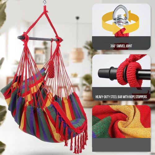 Scaun suspendat tip leagan/balansoar, interior/exterior, capacitate 150 kg, pliabil, suport bautura, buzunar interior, rotativ 360°, multicolor