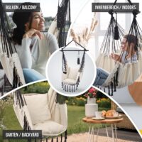 Scaun suspendat tip leagan/balansoar, interior/exterior, capacitate 150 kg, pliabil, suport bautura, buzunar interior, rotativ 360°, crem