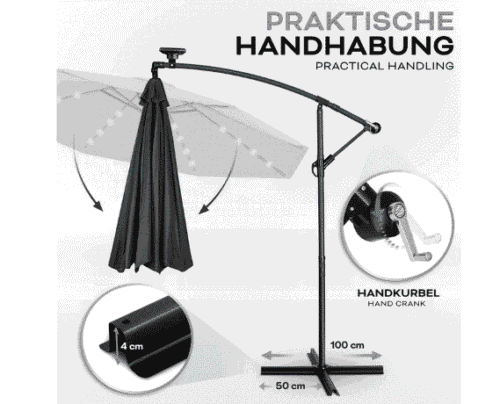 Umbrela terasa/gradina cu lumina LED, husa protectie, panou incarcare solara, protectie UV 50+, rotire la 360°, inclinatie reglabila, manivela, Ø 300 cm, antracit