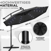 Umbrela terasa/gradina cu lumina LED, husa protectie, panou incarcare solara, protectie UV 50+, rotire la 360°, inclinatie reglabila, manivela, Ø 300 cm, antracit