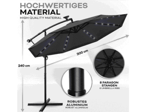 Umbrela terasa/gradina cu lumina LED, husa protectie, panou incarcare solara, protectie UV 50+, rotire la 360°, inclinatie reglabila, manivela, Ø 300 cm, antracit