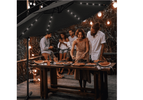 Umbrela terasa/gradina cu lumina LED, husa protectie, panou incarcare solara, protectie UV 50+, rotire la 360°, inclinatie reglabila, manivela, Ø 300 cm, antracit