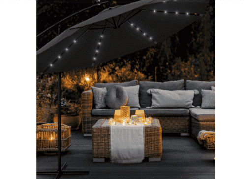 Umbrela terasa/gradina cu lumina LED, husa protectie, panou incarcare solara, protectie UV 50+, rotire la 360°, inclinatie reglabila, manivela, Ø 300 cm, antracit