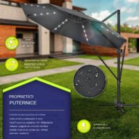 Umbrela de soare cu LED pentru terasa/gradina, din aluminiu premium, 330 cm, husa protectie, Tillvex®, reglabila in 6 directii, cu manivela, rotativa 360°, inclinabila, rezistenta UV50+, antracit